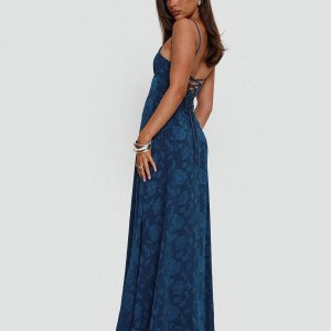 Navy Floral Lace-Up Maxi Dress