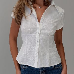 Textured White Button Blouse