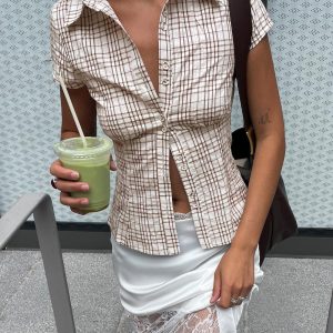 Brown Check Button Blouse