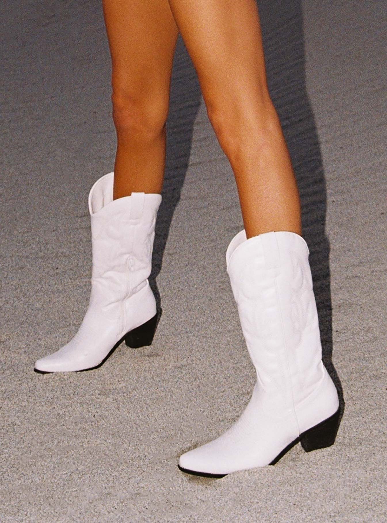 White Block-Heel Ankle Boots